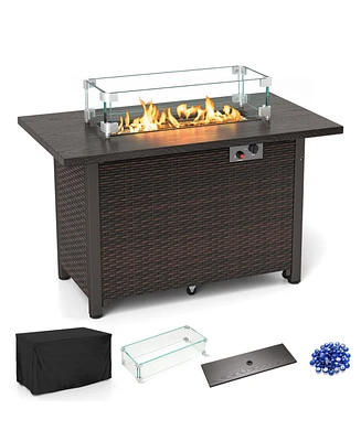 50000 Btu 2 Inch ropane Gas Fire Pit Table with Wind Guard and Glass Rocks-Brown