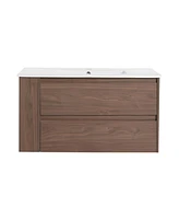 36" Wall Mounting Bathroom Vanity With Ceramic Sink, Soft Close Drawer