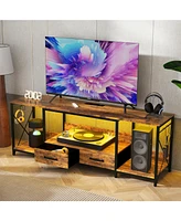 Sleek Tv Stand with Led Lights, Fabric Drawers, and Storage Shelves