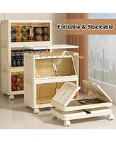 19.69" Side Wide Folding Storage Cabinet, 3 Tiers,19.69" 11.81" 31.1", Collapsible Storage Bins with Magnetic Door, Plastic Storag