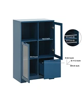 Wooden Floor Cabinet with 2 Glass Doors and 2 Storage Space, Blue Living Room Bathroom Entryway