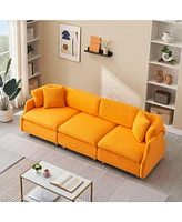 95.3 inches velvet grey two throw pillows, spacious and comfortable 3 seat sofa, suitable for modern living room. orange