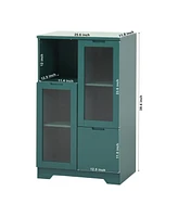 Wooden Floor Cabinet with 2 Glass Doors and 2 Storage Space, Blue Living Room Bathroom Entryway Green