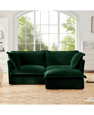 Green Corduroy Sectional Sofa with Ottoman & Pillows
