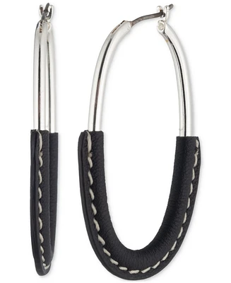 Lauren Ralph Lauren Silver-Tone Black Leather Wrap Oval Hoop Earrings, 1.4"