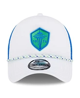New Era Men's White/Blue Seattle Sounders Fc Court Sport Foam A-Frame 9FORTY Adjustable Trucker Hat