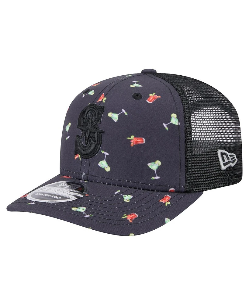 New Era Men's Black Seattle Mariners Adventure Drinks Pattern 9SEVENTY Stretch-Snap Hat
