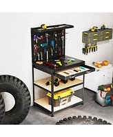 32 x 16 Inch Workbench Work Table with 2 PCs Pegboard Drawer and Shelves-Black