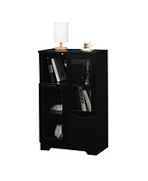 Wooden Floor Cabinet with 2 Glass Doors and 2 Storage Space, Black, Living Room Bathroom Entryway