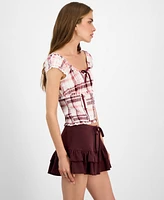 Self Esteem Juniors' Plaid Smocked Cap-Sleeve Top