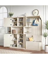Hall Cabinet w/ Storage & Hooks - Beige