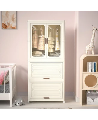 Portable Wardrobe Closet Storage Organizer for Clothes, Clothes Dresser, Magnetic Doors with 4 Cubes & Hanging Rod,10 pcs hangers, Baby Wardrobe Stora