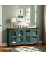 European Antique 4-Door Cabinet with Glass Doors for Living Space, Dark Green