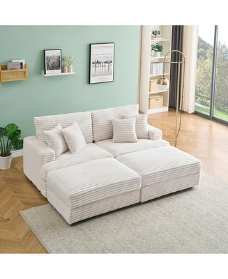 82 inches beige corduroy sofa, two storage feet +4 throw pillows, create a living room, office fashion new darling!
