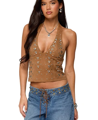 Edikted Womens Xaria Studded Faux Suede Halter Top