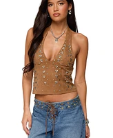 Edikted Womens Xaria Studded Faux Suede Halter Top