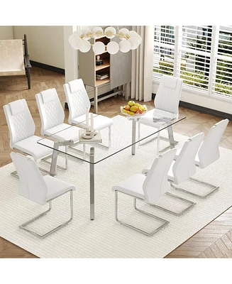 71" Rectangular Glass Dining Table & 8 White Pu Chair