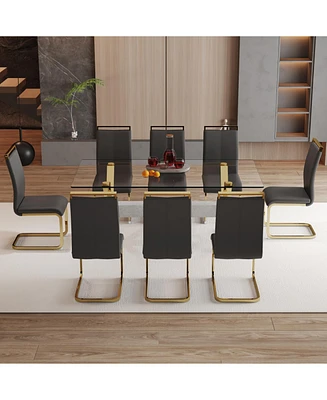 71" Glass Dining Set with 8 Black Pu Chairs & Gold Metal Legs