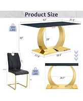 Sintered Stone Dining Set: 6 Chairs, Golden Legs, Black Texture