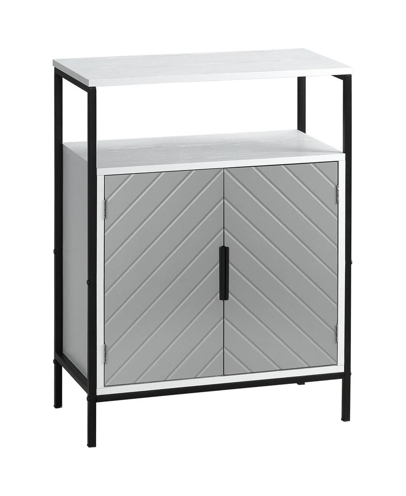 Storage Cabinet with Open Shelf and Double Door Cupboard, Accent Cabinet with Herringbone Panel and Steel Frame, Gray