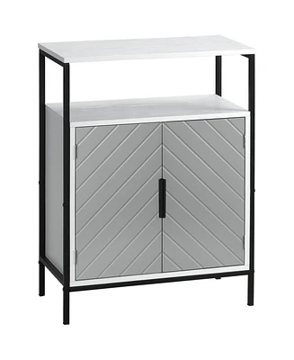 Storage Cabinet with Open Shelf and Double Door Cupboard, Accent Cabinet with Herringbone Panel and Steel Frame, Gray