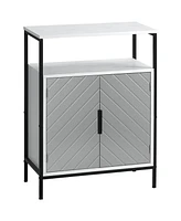 Storage Cabinet with Open Shelf and Double Door Cupboard, Accent Cabinet with Herringbone Panel and Steel Frame, Gray