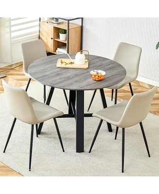 Modern 42" Round Mdf Dining Table Set with 4 Gray Pu Chairs