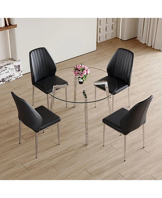 Modern Glass and Metal Table with 4 Black Pu Comfort Chairs