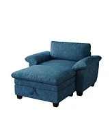 51" Blue Chenille Chaise Lounge with Ottoman & Storage