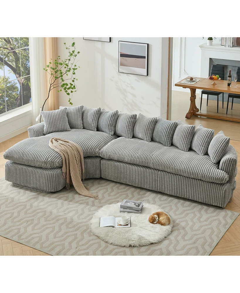 127" Large Curved Sectional Sofa, Corduroy, L-Shape - Gray