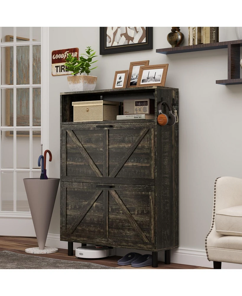 Farmhouse Shoe Storage Cabinet with Barn Door and Flip Drawers