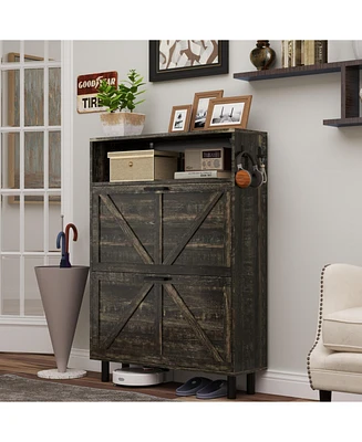 Farmhouse Shoe Storage Cabinet with Barn Door and Flip Drawers