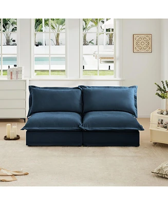 Slipcovered 2-Seater Armless Sofa with Cushions, Chenille Fabric in Blue