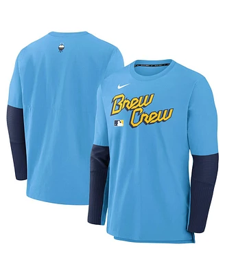 Nike Men's Light Blue Milwaukee Brewers Authentic Collection City Connect Lightweight Player Tri-Blend Performance Long Sleeve T-Shirt