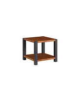 23.6-inch wide square end table, burl wood grain metal countertop, matte black metal double-layer living room end table