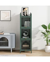 Glass Door Cabinet with 7 Tier Storage, Modern Dark Green