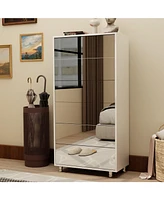 Mirror Shoe Cabinet: Flip-Out Drawer Organizer with Ample Storage and 4 Metal Legs (White)