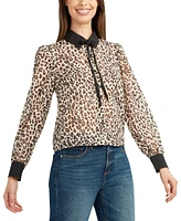 Bcx Juniors' Animal-Print Tie-Front Long-Sleeve Button Blouse