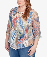Alfred Dunner Plus Leaf Textured Top with Necklace