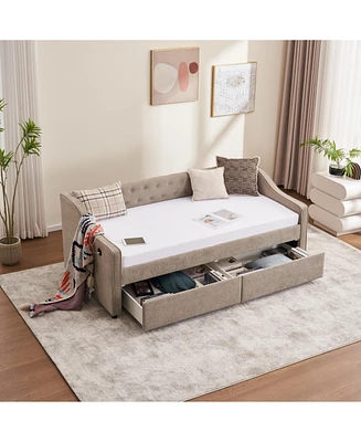 Twin Upholstered Daybed with Storage Drawers and Velvet