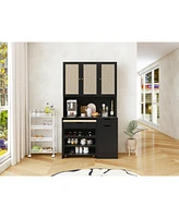Black Kitchen Pantry Cabinet w/ Rattan Doors & Microwave Stand