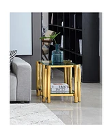 20" Square End Table with Glass & Stainless Steel, Gold Storage