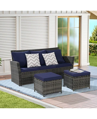 3-Piece Wicker Patio Set, Sofa, Ottomans, All-Weather Rattan