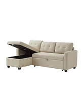 Upholstered Pull Out Sectional Sofa with Storage Chaise, Convertible Corner Couch, Beige