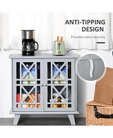 Sideboard Buffet Cabinet, Kitchen Storage Cabinet, Accent Cabinet with Double Fretwork Doors and Metal Handles for Living Room, Gray