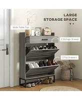 Narrow Shoe Cabinet, Industrial Shoe Storage Cabinet with 2 Flip Drawers, Adjustable Shelves, and Top Drawer, Entryway Hidden Shoe Storage for 12 Pair