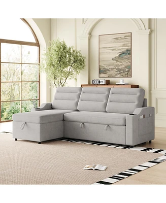 83" Convertible Sofa Bed with Storage, Recliner, and Cup Holder