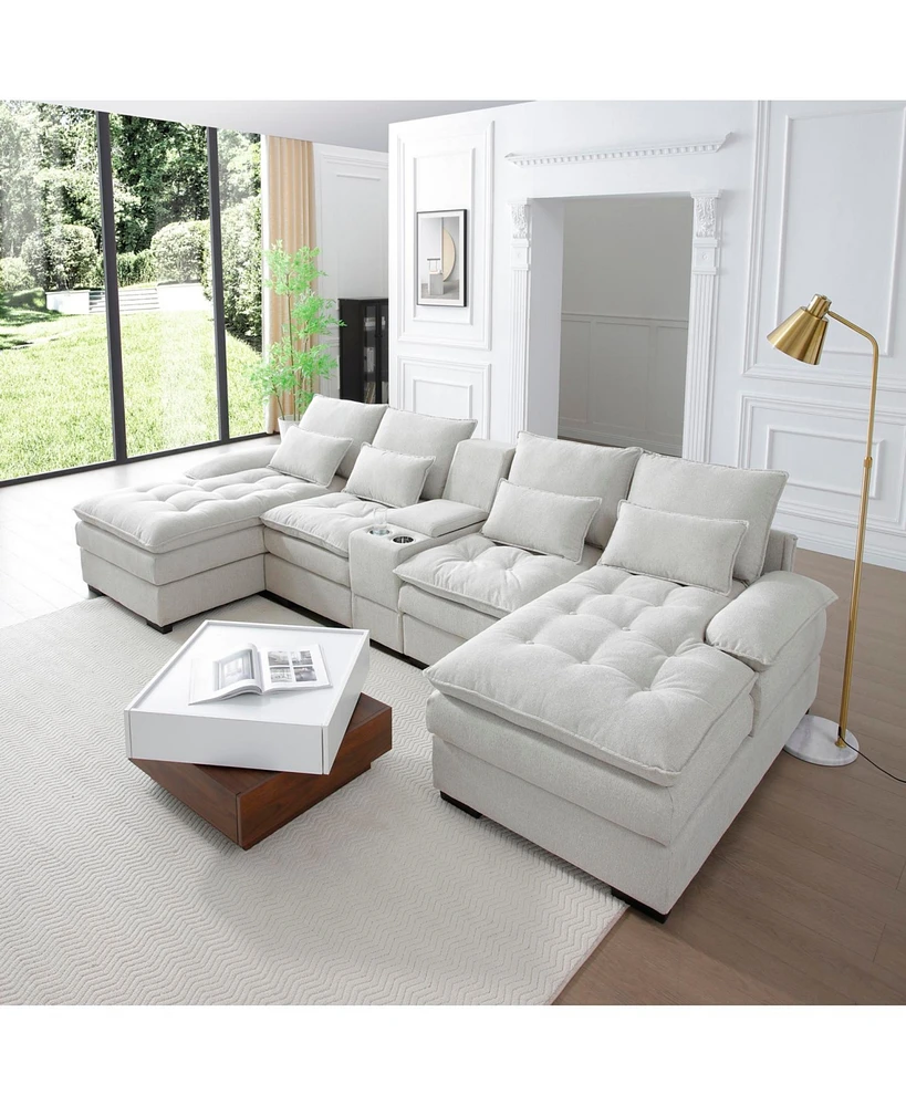 130" U-Shaped Sofa Set with Console, Cupholders, and Chaise for Living Room (White)