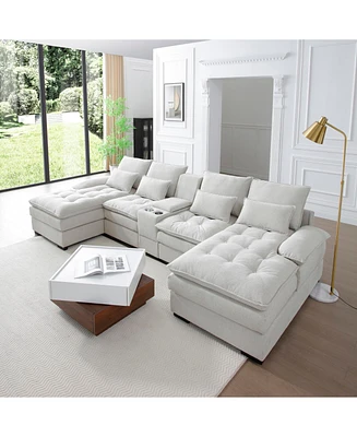130" U-Shaped Sofa Set with Console, Cupholders, and Chaise for Living Room (White)