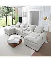 130" U-Shaped Sofa Set with Console, Cupholders, and Chaise for Living Room (White)